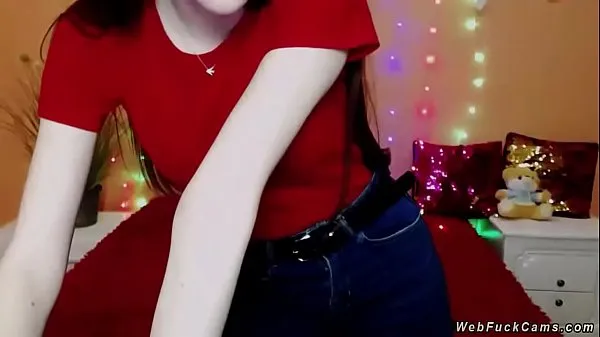 Fresh Solo pale brunette amateur babe in red t shirt and jeans trousers strips her top and flashing boobs in bra then gets dressed again on webcam show warm Clips